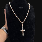 Rose Gold Two Tone Moissanite Rosary Necklace, Iced Out Snowball Bead Jesus Crucifix, 925 Sterling Silver, 22 Inch