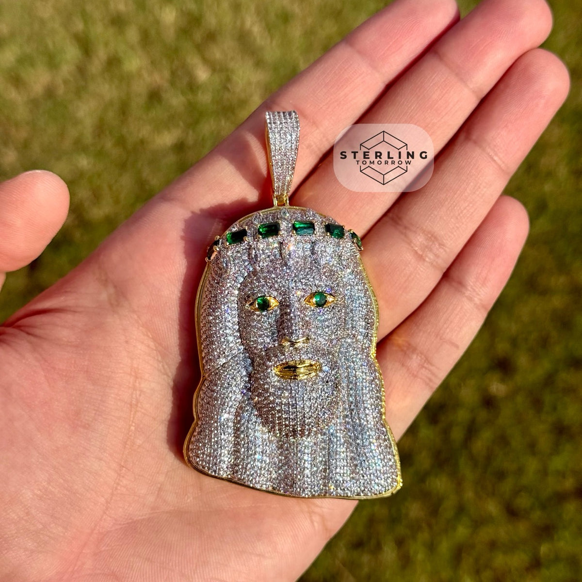 Jesus Large Green Gemstone Iced Out Pendant