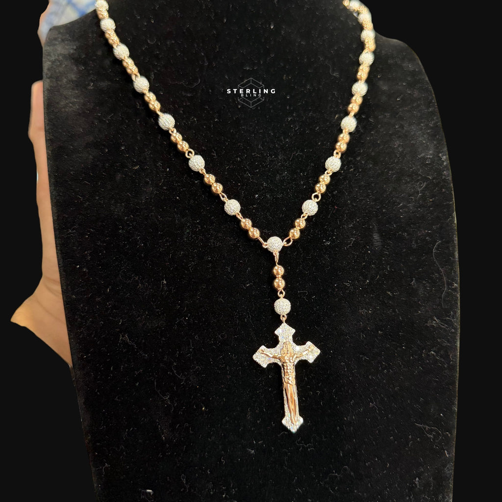 Rose Gold Two Tone Moissanite Rosary Necklace, Iced Out Snowball Bead Jesus Crucifix, 925 Sterling Silver, 22 Inch