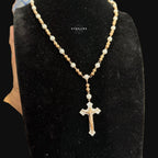Rose Gold Two Tone Moissanite Rosary Necklace, Iced Out Snowball Bead Jesus Crucifix, 925 Sterling Silver, 22 Inch
