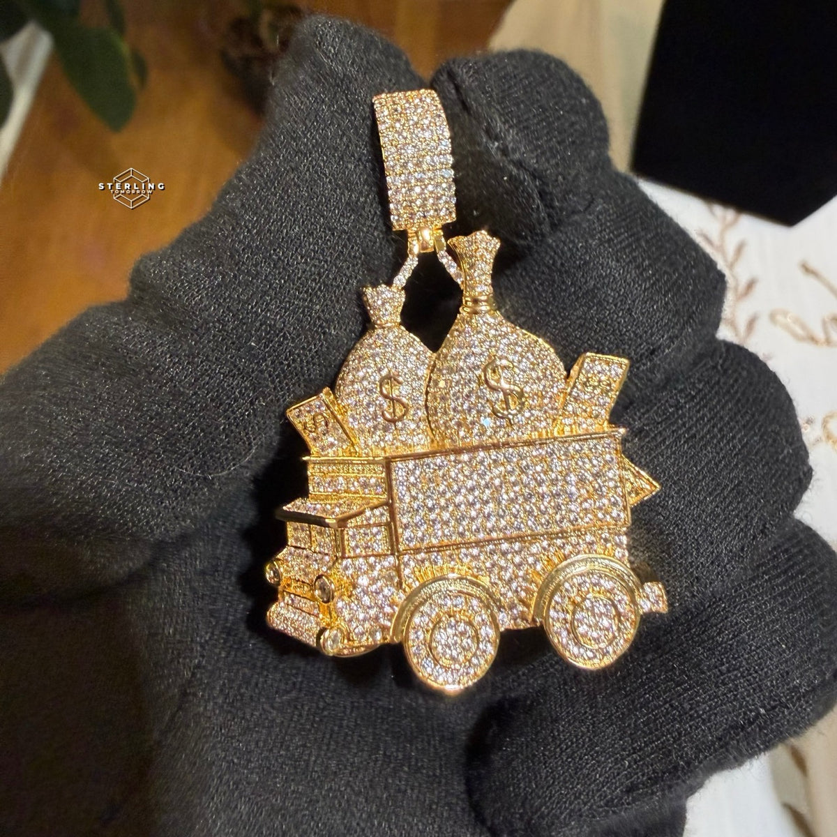 Money Truck Pendant Iced Out CZ Diamond Hip Hop Chain Gold Plated Cash Bags Bling Necklace Streetwear Jewelry Rope Chain