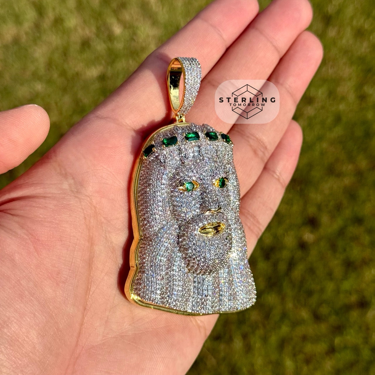 Jesus Large Green Gemstone Iced Out Pendant