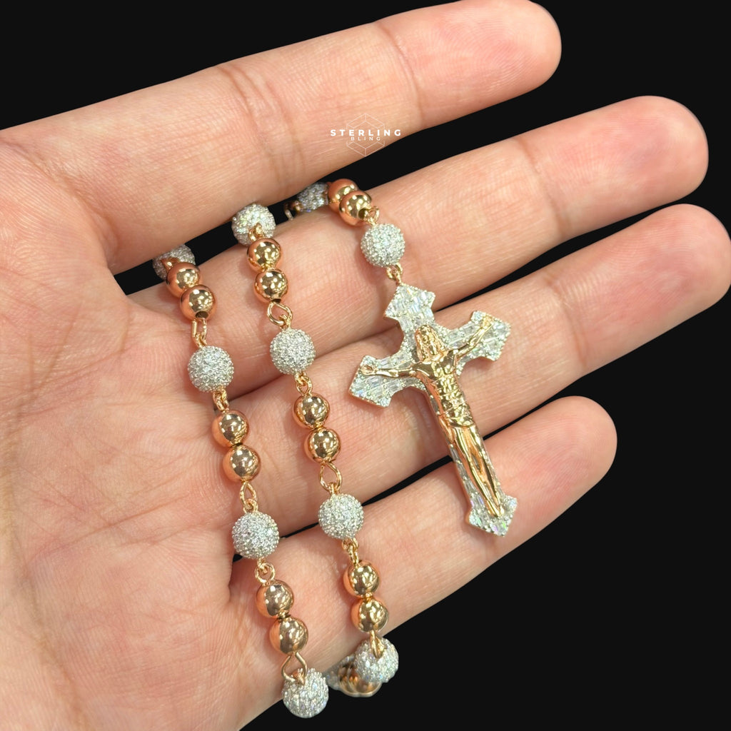 Rose Gold Two Tone Moissanite Rosary Necklace, Iced Out Snowball Bead Jesus Crucifix, 925 Sterling Silver, 22 Inch