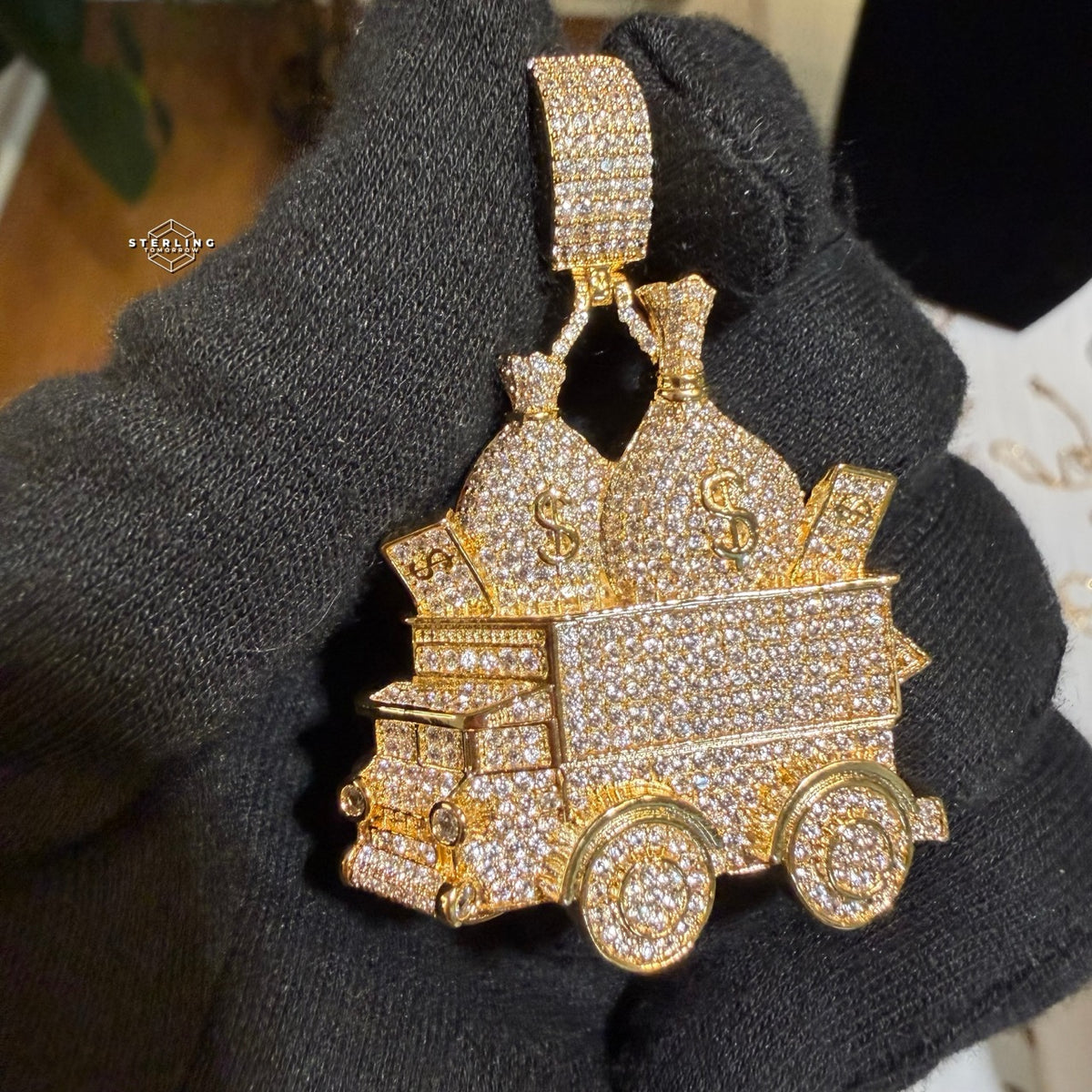 Money Truck Pendant Iced Out CZ Diamond Hip Hop Chain Gold Plated Cash Bags Bling Necklace Streetwear Jewelry Rope Chain