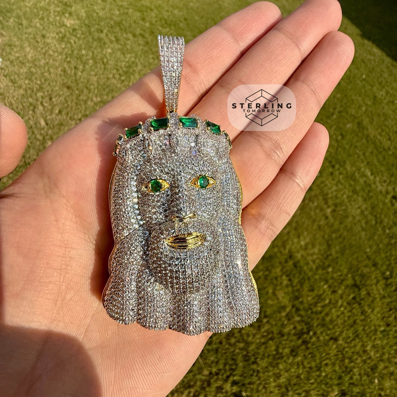 Jesus Large Green Gemstone Iced Out Pendant