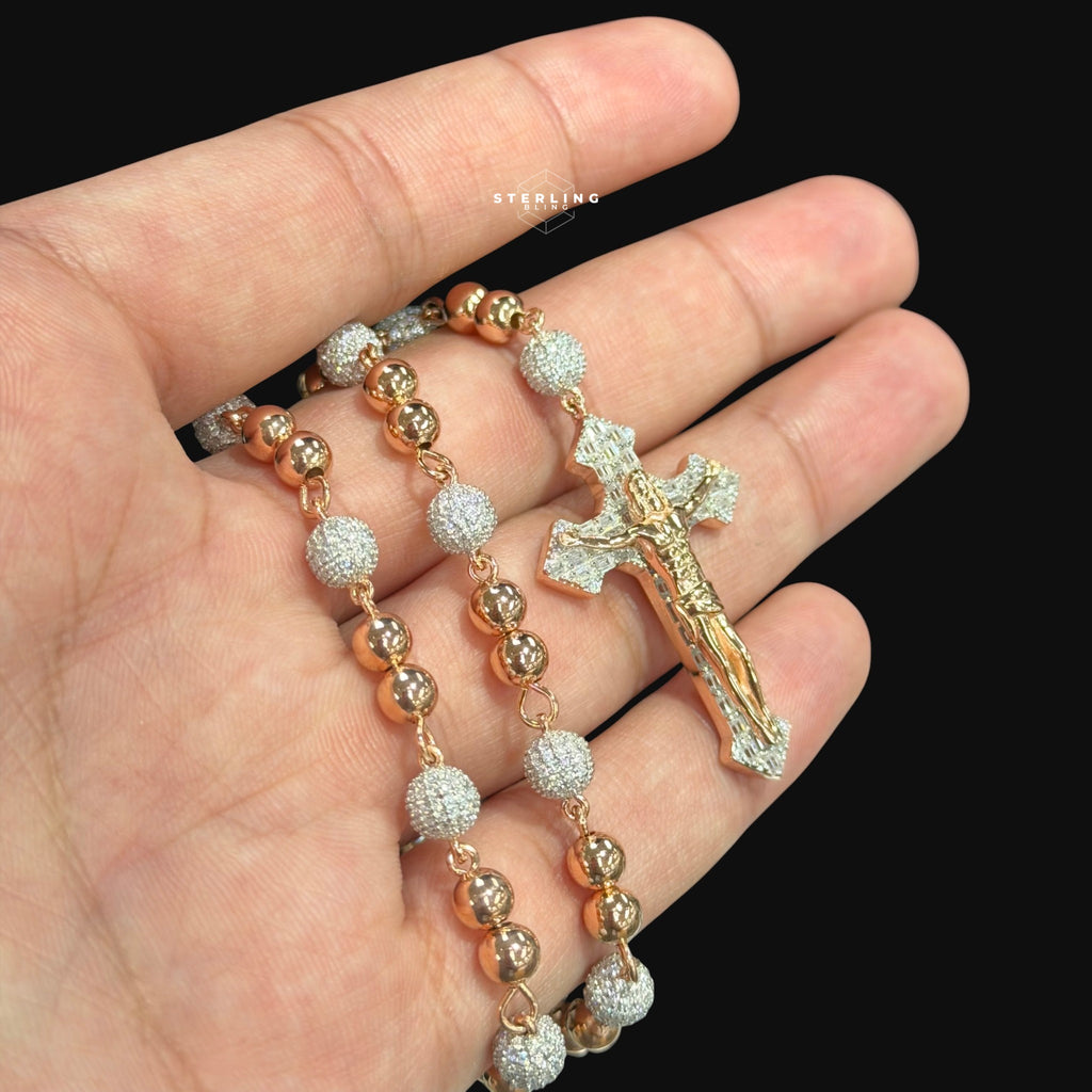 Rose Gold Two Tone Moissanite Rosary Necklace, Iced Out Snowball Bead Jesus Crucifix, 925 Sterling Silver, 22 Inch