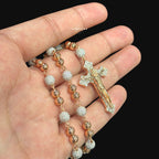 Rose Gold Two Tone Moissanite Rosary Necklace, Iced Out Snowball Bead Jesus Crucifix, 925 Sterling Silver, 22 Inch