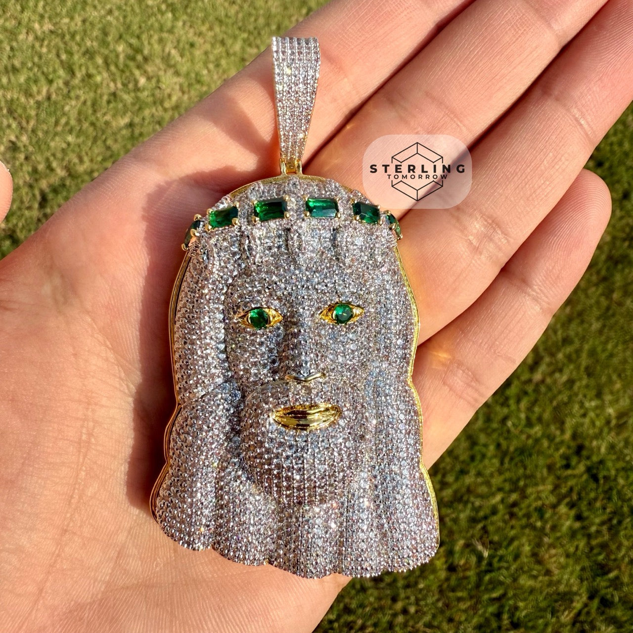 Jesus Large Green Gemstone Iced Out Pendant