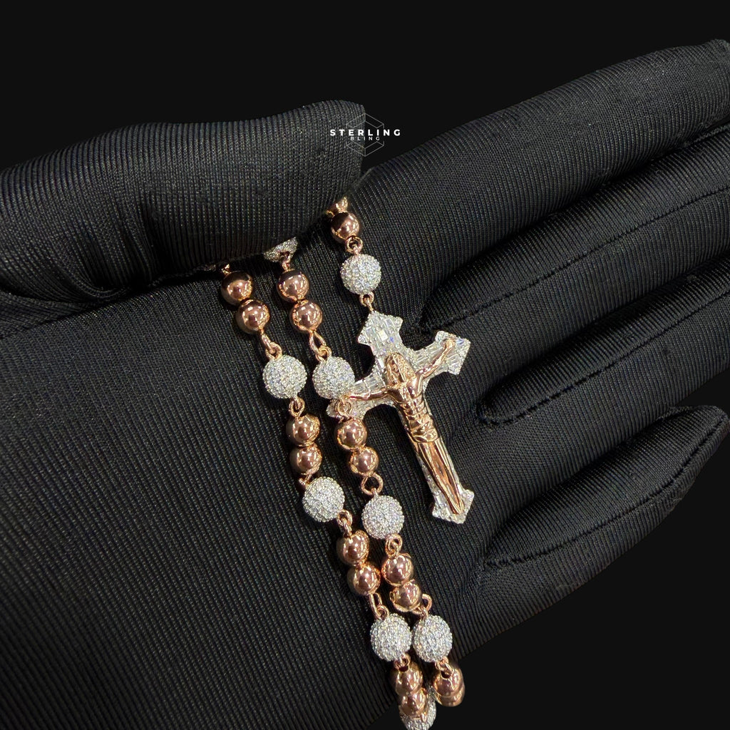 Rose Gold Two Tone Moissanite Rosary Necklace, Iced Out Snowball Bead Jesus Crucifix, 925 Sterling Silver, 22 Inch