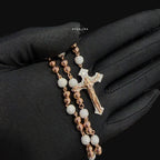 Rose Gold Two Tone Moissanite Rosary Necklace, Iced Out Snowball Bead Jesus Crucifix, 925 Sterling Silver, 22 Inch