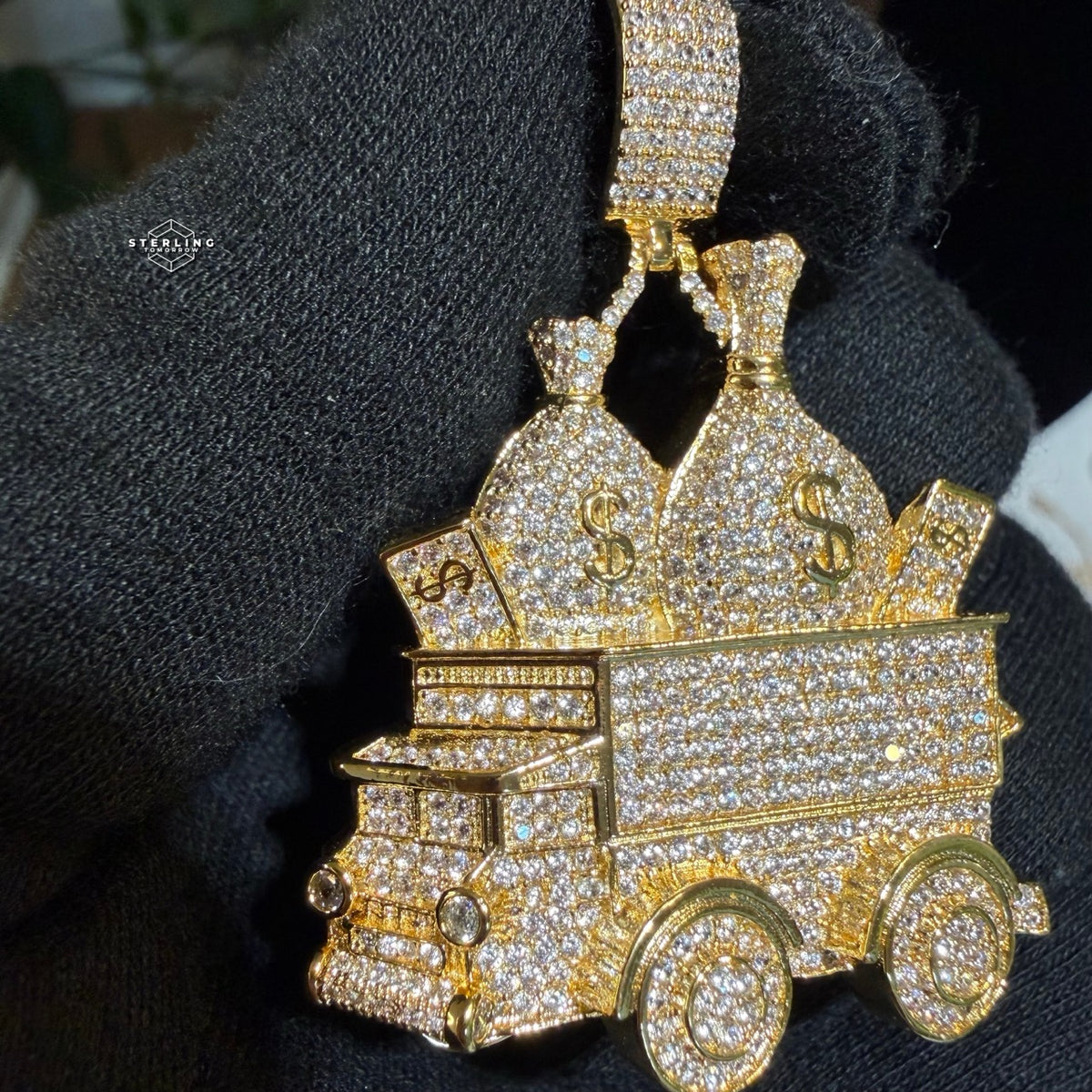 Money Truck Pendant Iced Out CZ Diamond Hip Hop Chain Gold Plated Cash Bags Bling Necklace Streetwear Jewelry Rope Chain