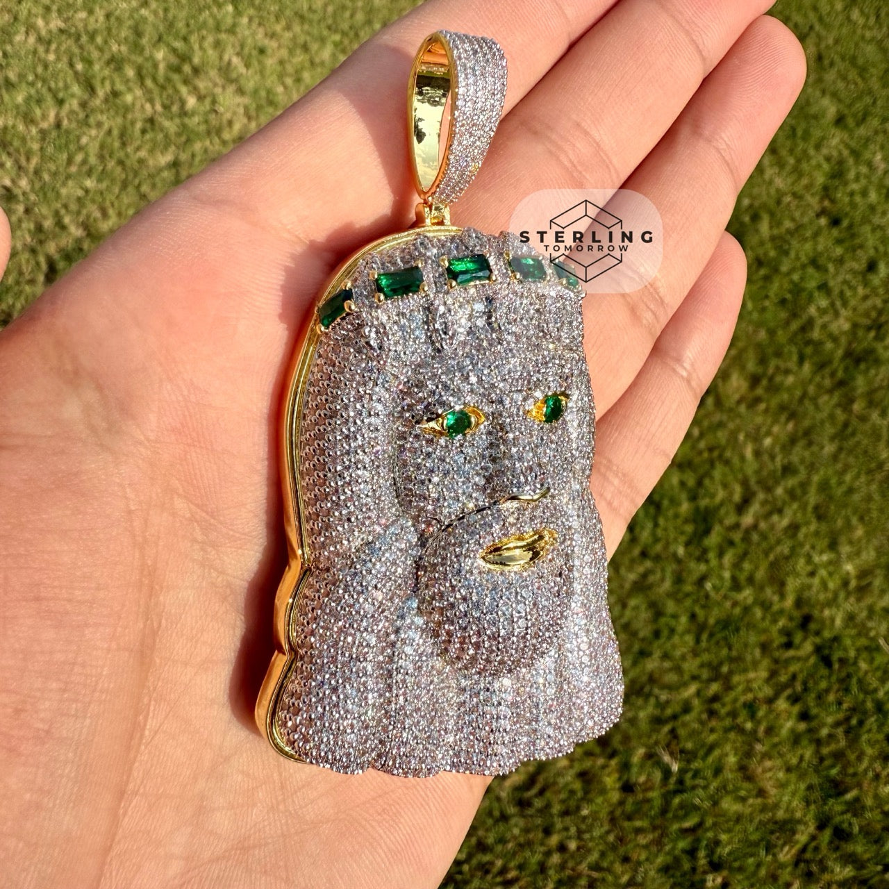 Jesus Large Green Gemstone Iced Out Pendant