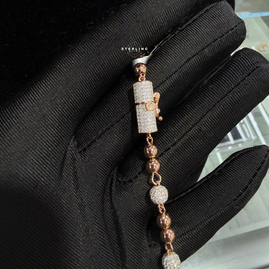 Rose Gold Two Tone Moissanite Rosary Necklace, Iced Out Snowball Bead Jesus Crucifix, 925 Sterling Silver, 22 Inch