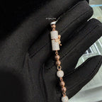 Rose Gold Two Tone Moissanite Rosary Necklace, Iced Out Snowball Bead Jesus Crucifix, 925 Sterling Silver, 22 Inch