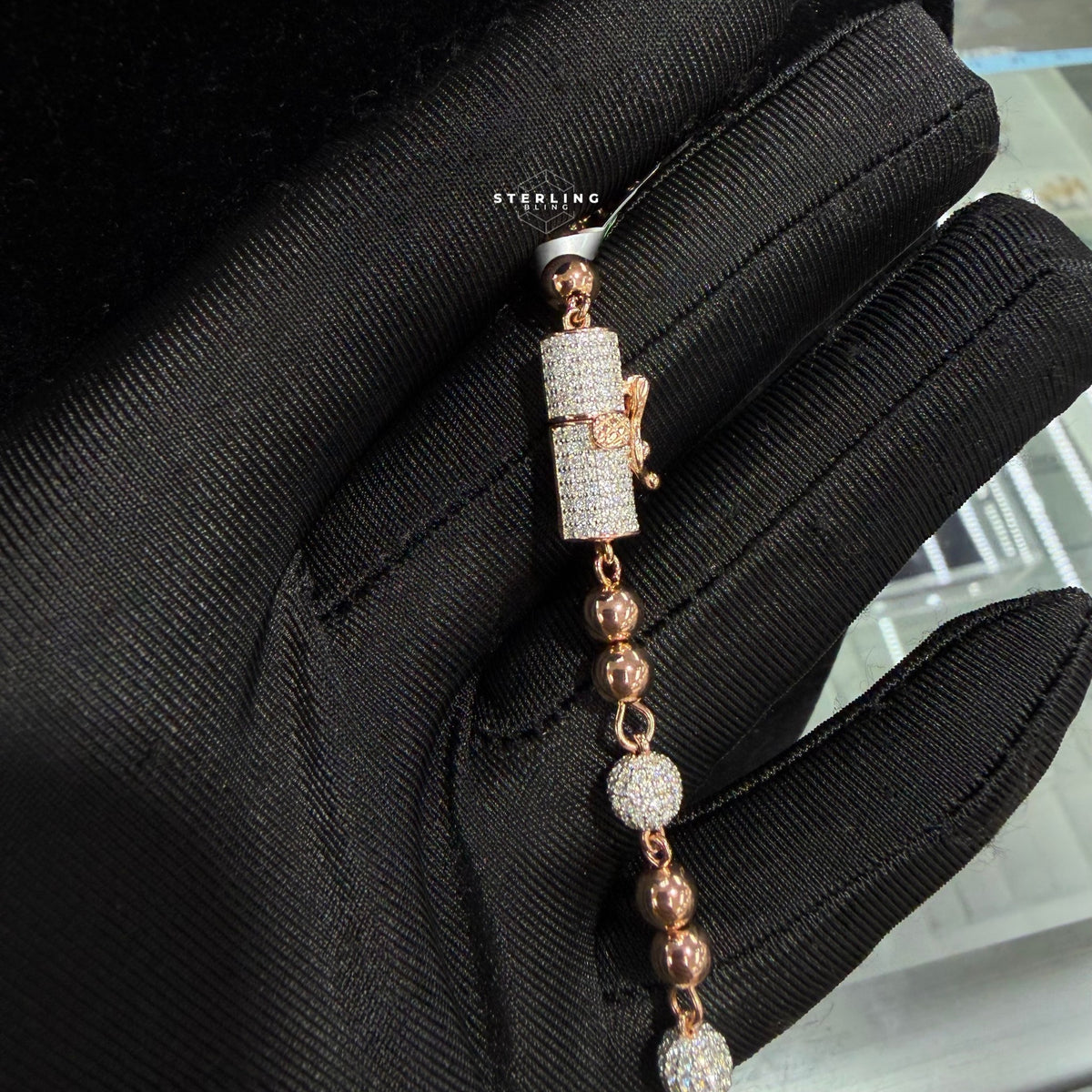 Rose Gold Two Tone Moissanite Rosary Necklace, Iced Out Snowball Bead Jesus Crucifix, 925 Sterling Silver, 22 Inch