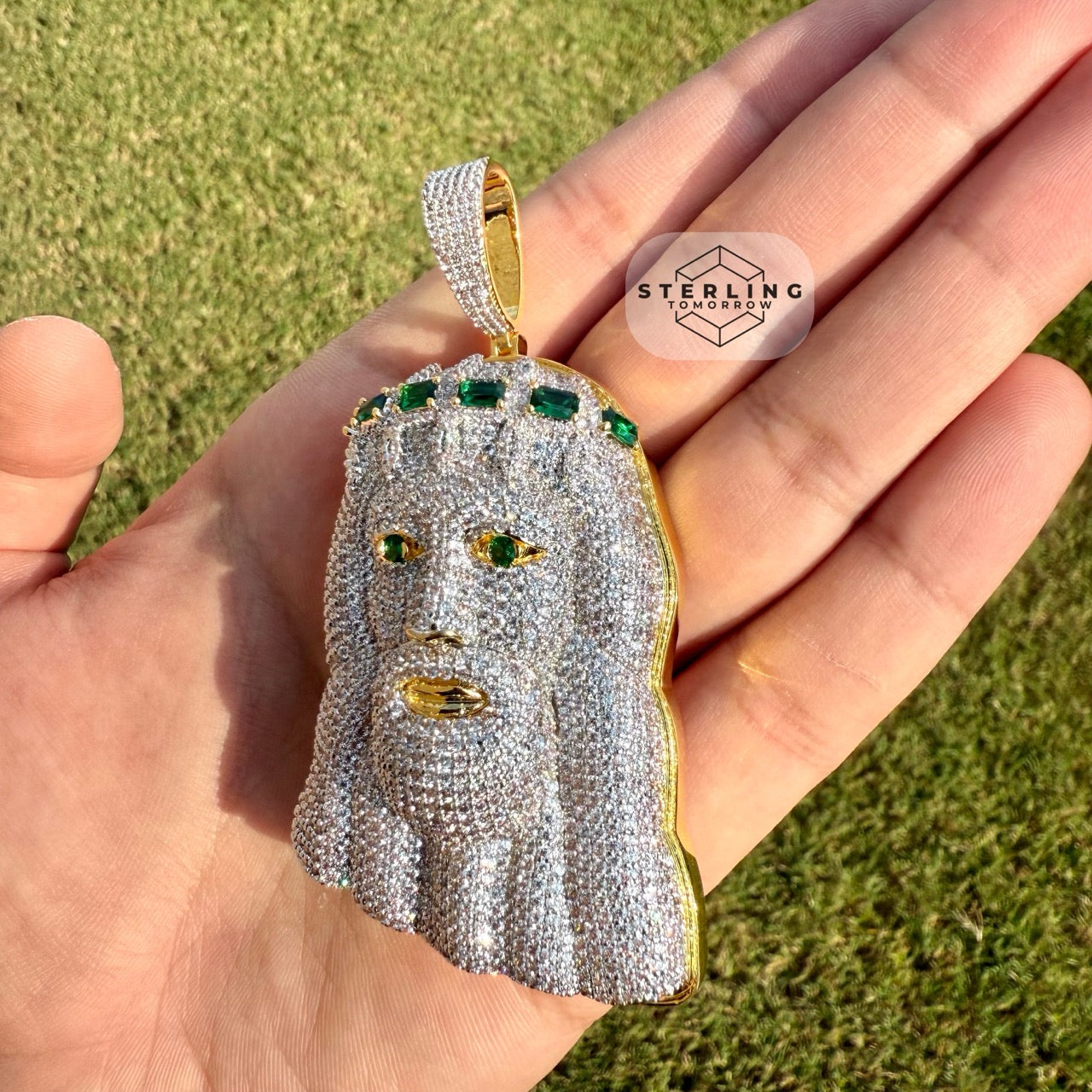 Jesus Large Green Gemstone Iced Out Pendant