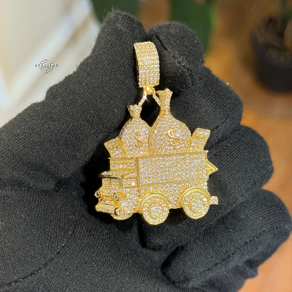 Money Truck Pendant Iced Out CZ Diamond Hip Hop Chain Gold Plated Cash Bags Bling Necklace Streetwear Jewelry Rope Chain