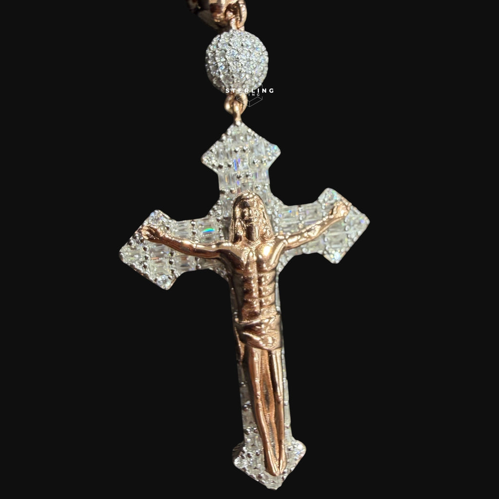Rose Gold Two Tone Moissanite Rosary Necklace, Iced Out Snowball Bead Jesus Crucifix, 925 Sterling Silver, 22 Inch