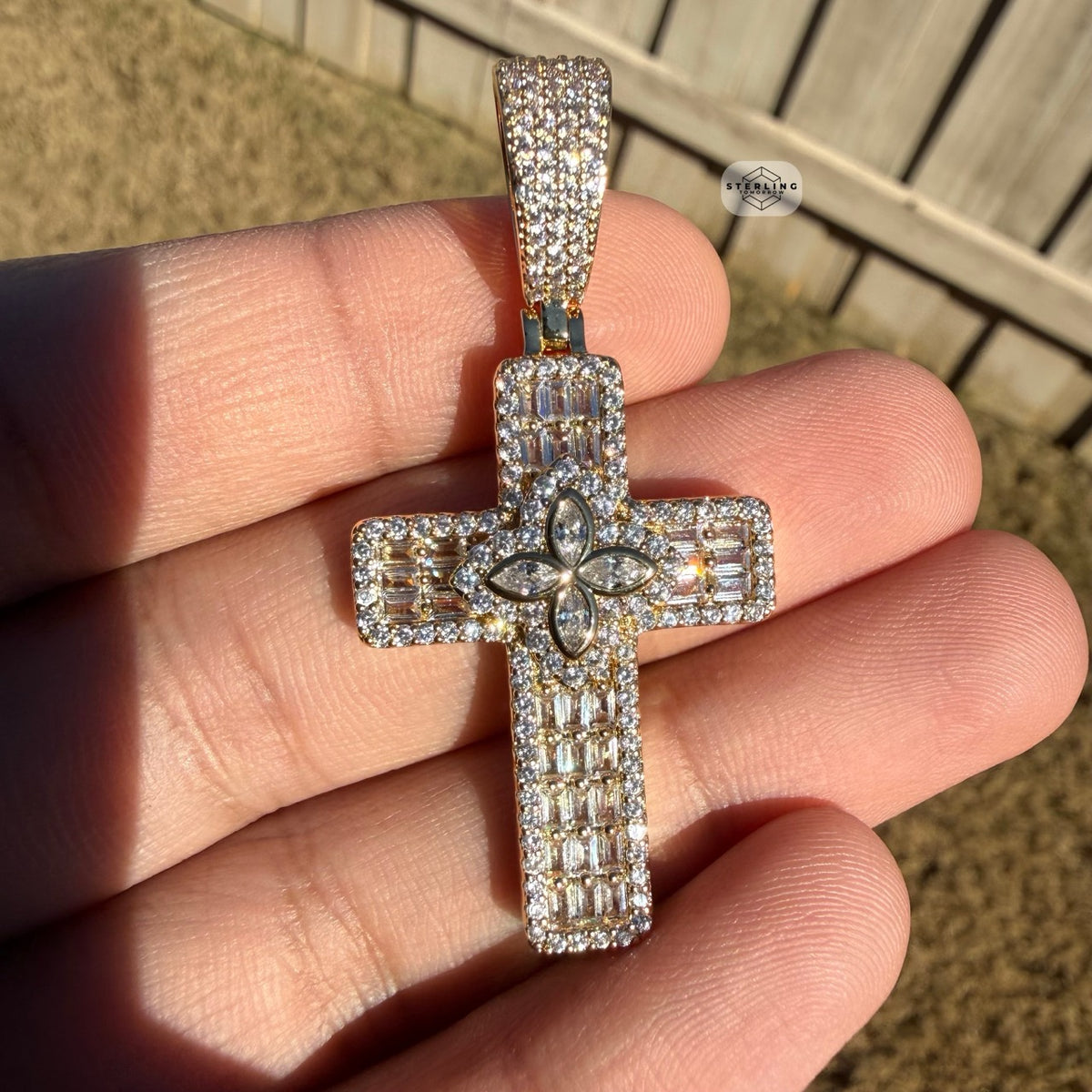 Flower Cross Iced 14K Gold Plated Pendant