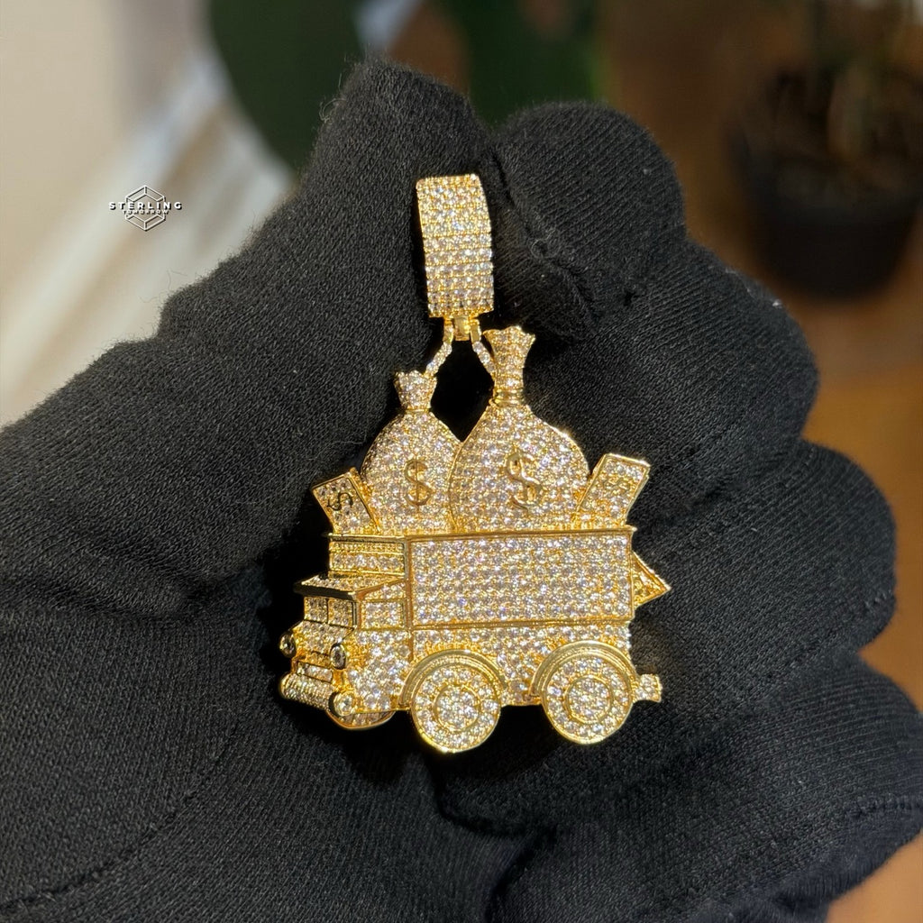 Money Truck Pendant Iced Out CZ Diamond Hip Hop Chain Gold Plated Cash Bags Bling Necklace Streetwear Jewelry Rope Chain