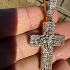 Flower Cross Iced 14K Gold Plated Pendant