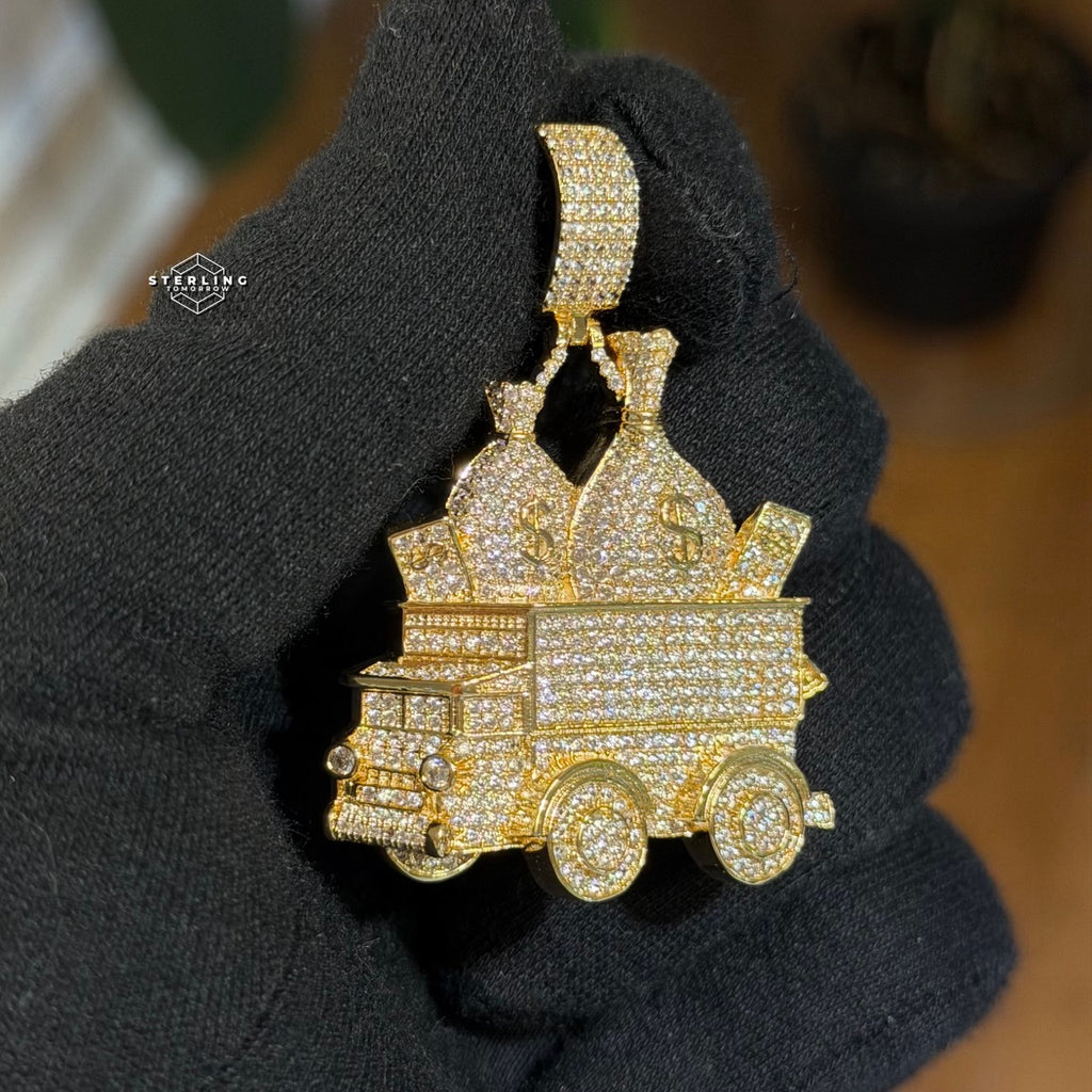 Money Truck Pendant Iced Out CZ Diamond Hip Hop Chain Gold Plated Cash Bags Bling Necklace Streetwear Jewelry Rope Chain