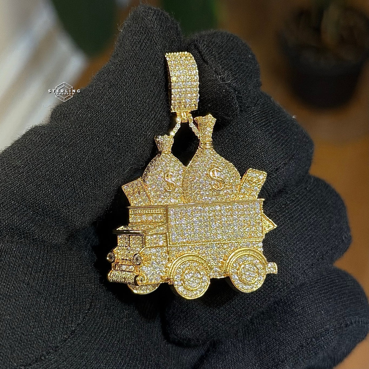 Money Truck Pendant Iced Out CZ Diamond Hip Hop Chain Gold Plated Cash Bags Bling Necklace Streetwear Jewelry Rope Chain