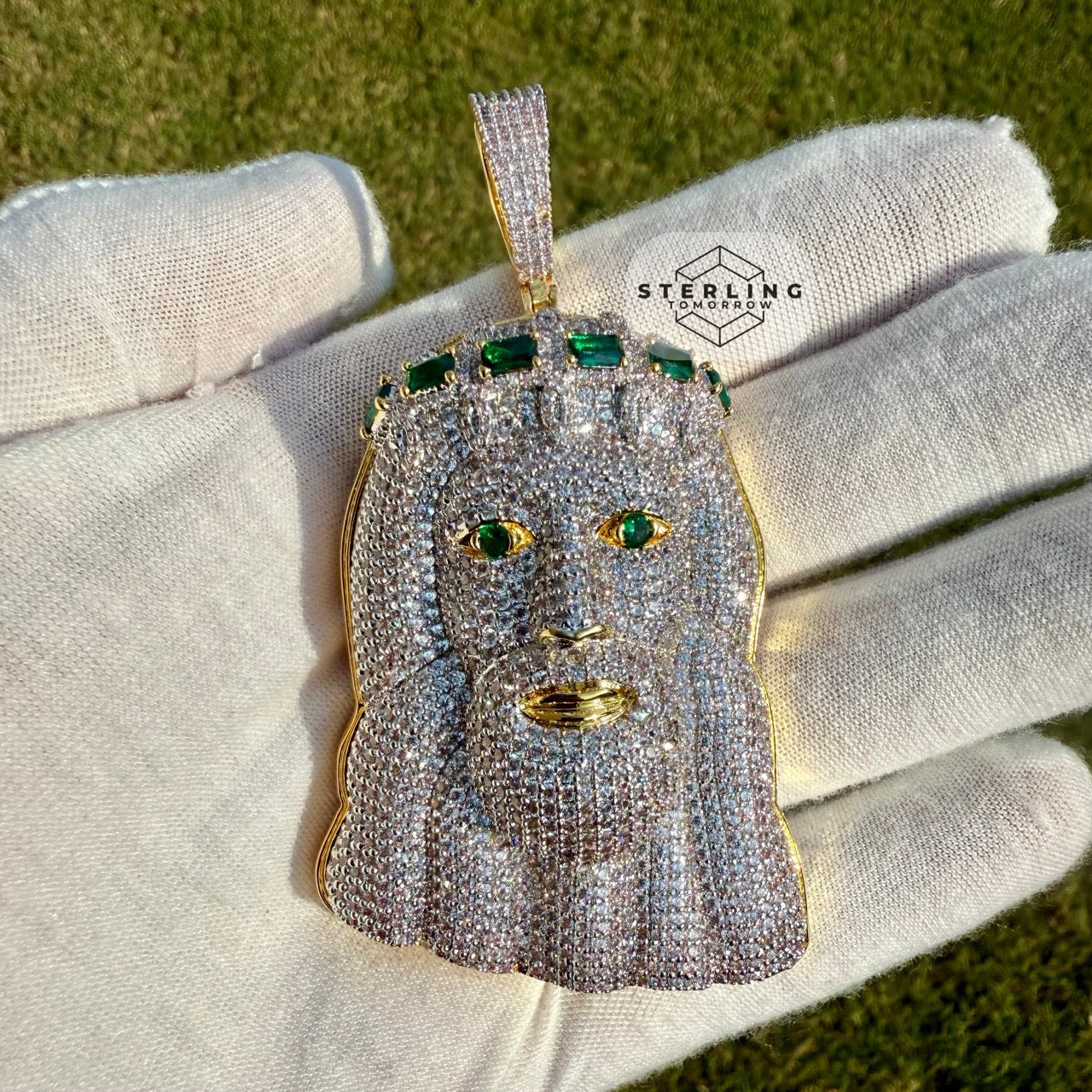 Jesus Large Green Gemstone Iced Out Pendant