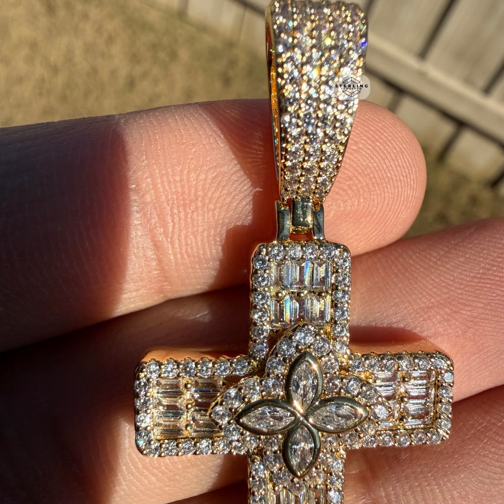 Flower Cross Iced 14K Gold Plated Pendant