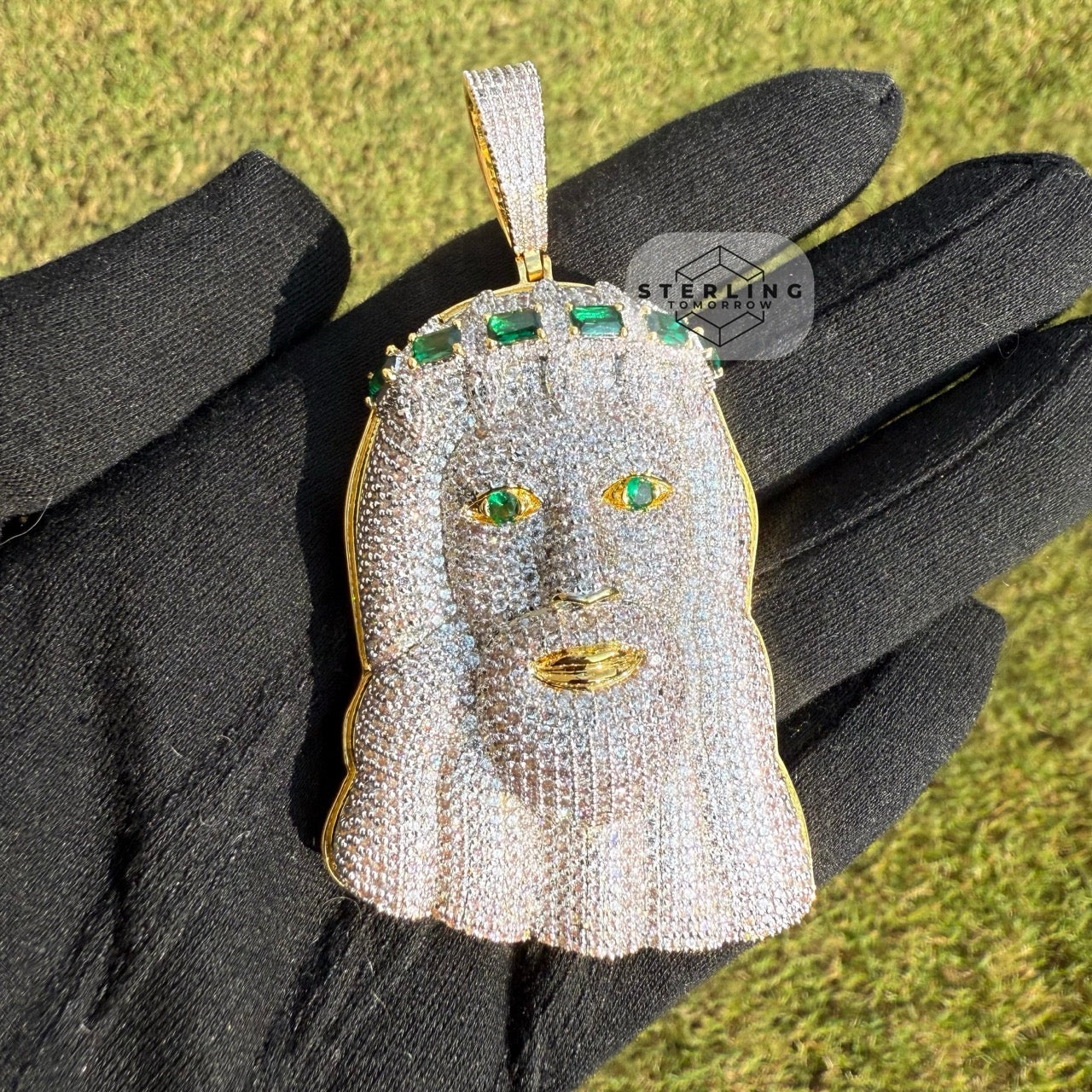 Jesus Large Green Gemstone Iced Out Pendant