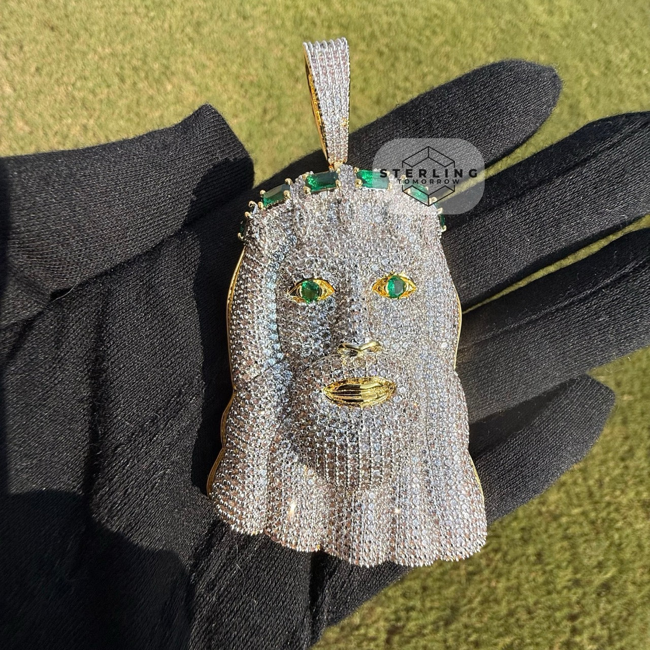 Jesus Large Green Gemstone Iced Out Pendant