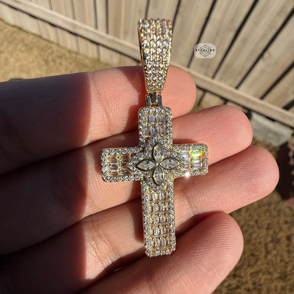 Flower Cross Iced 14K Gold Plated Pendant