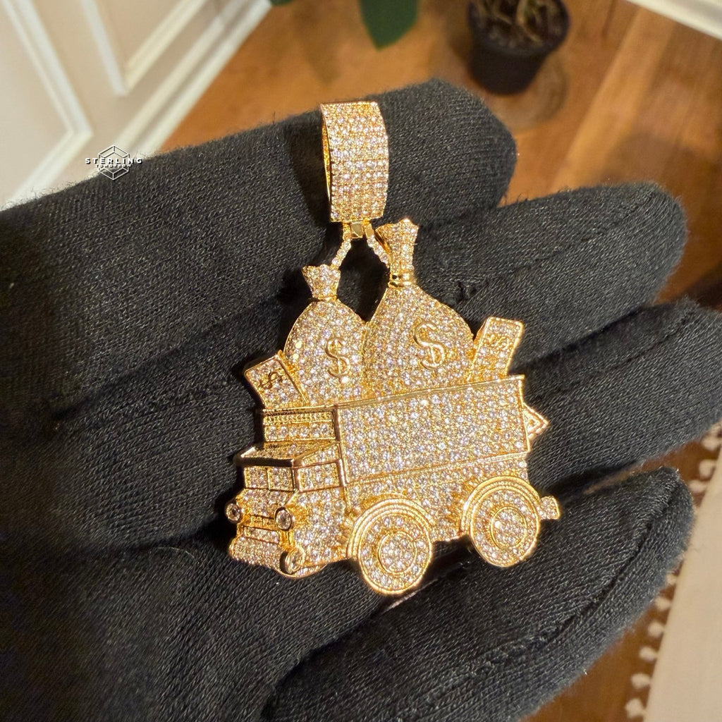 Money Truck Pendant Iced Out CZ Diamond Hip Hop Chain Gold Plated Cash Bags Bling Necklace Streetwear Jewelry Rope Chain