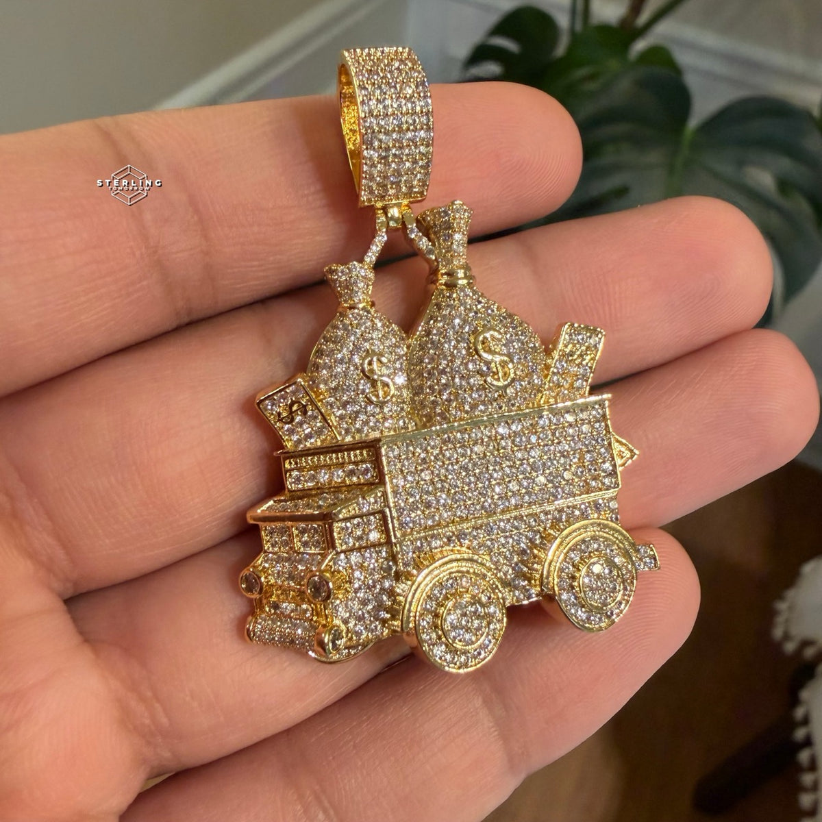 Money Truck Pendant Iced Out CZ Diamond Hip Hop Chain Gold Plated Cash Bags Bling Necklace Streetwear Jewelry Rope Chain