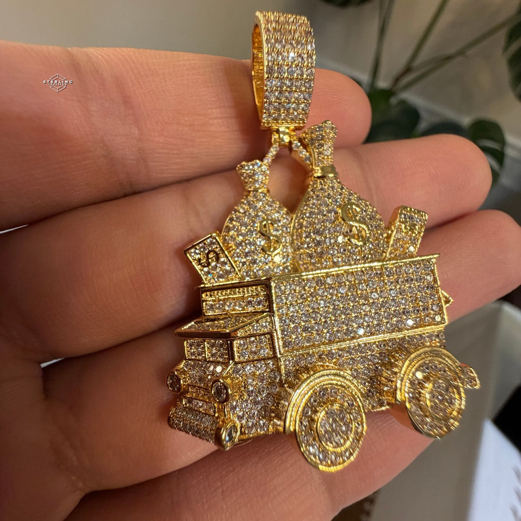 Money Truck Pendant Iced Out CZ Diamond Hip Hop Chain Gold Plated Cash Bags Bling Necklace Streetwear Jewelry Rope Chain
