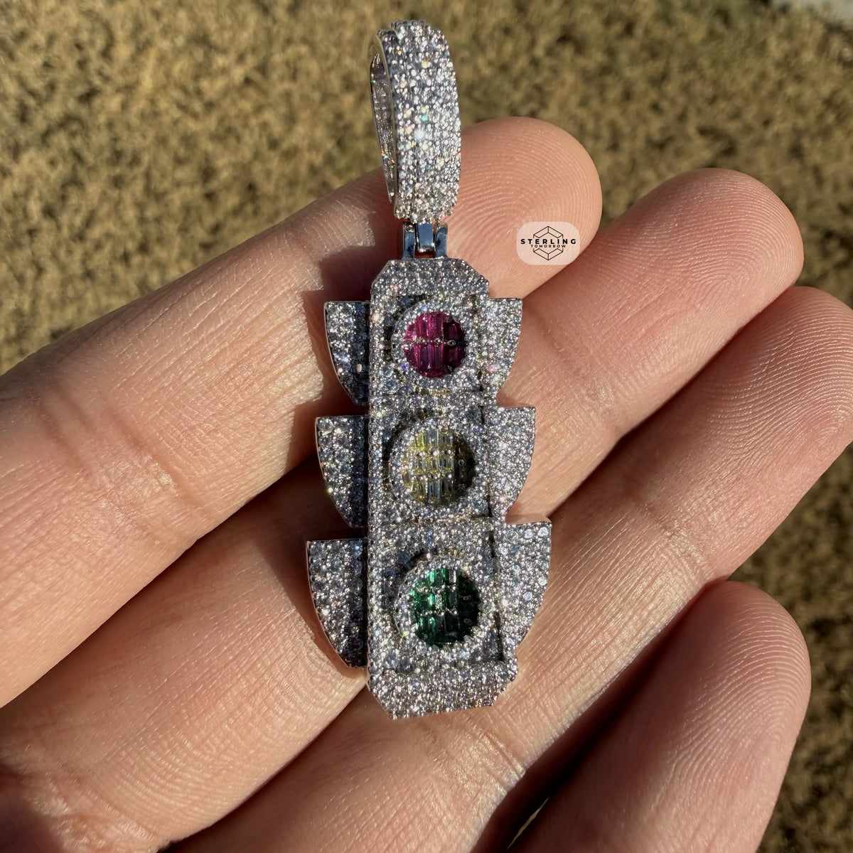 Traffic Light 14K White Gold Plated Iced Pendant
