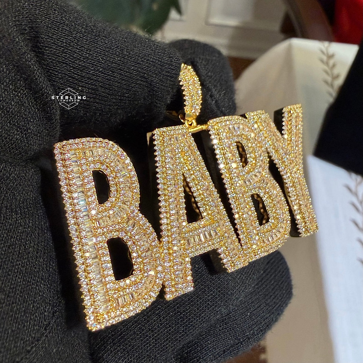 Baby Letter Pendant Iced Out CZ Diamond Hip Hop Chain Gold Plated Name Necklace Bling Statement Jewelry Rope Chain
