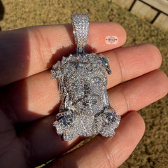 14K White Gold Plated Iced Jesus Flower Pendant