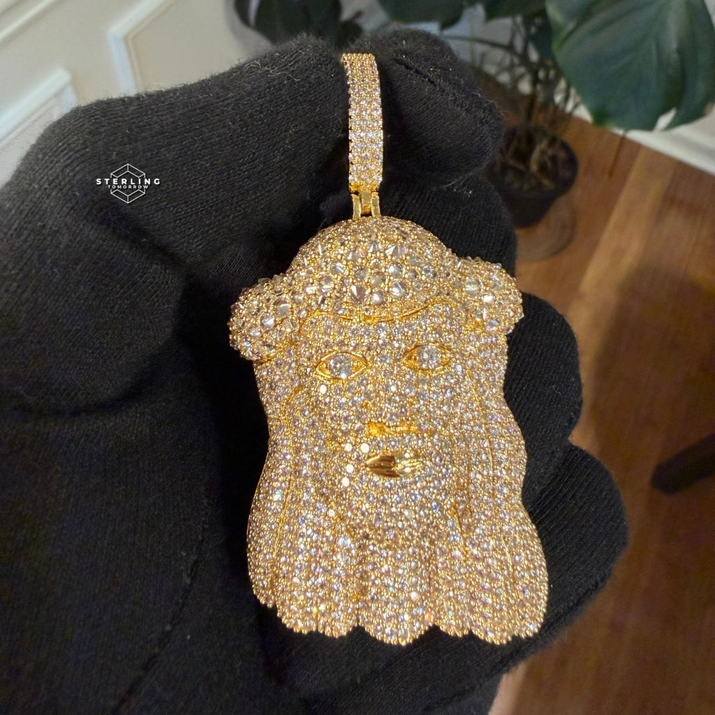 Gold Iced Out Jesus Face Pendant 14k Gold Plated + AntiTarnish Rope Chain