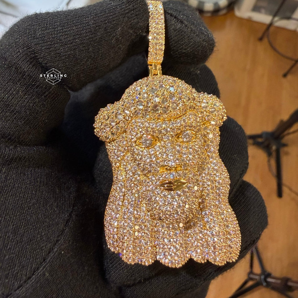 Gold Iced Out Jesus Face Pendant 14k Gold Plated + AntiTarnish Rope Chain