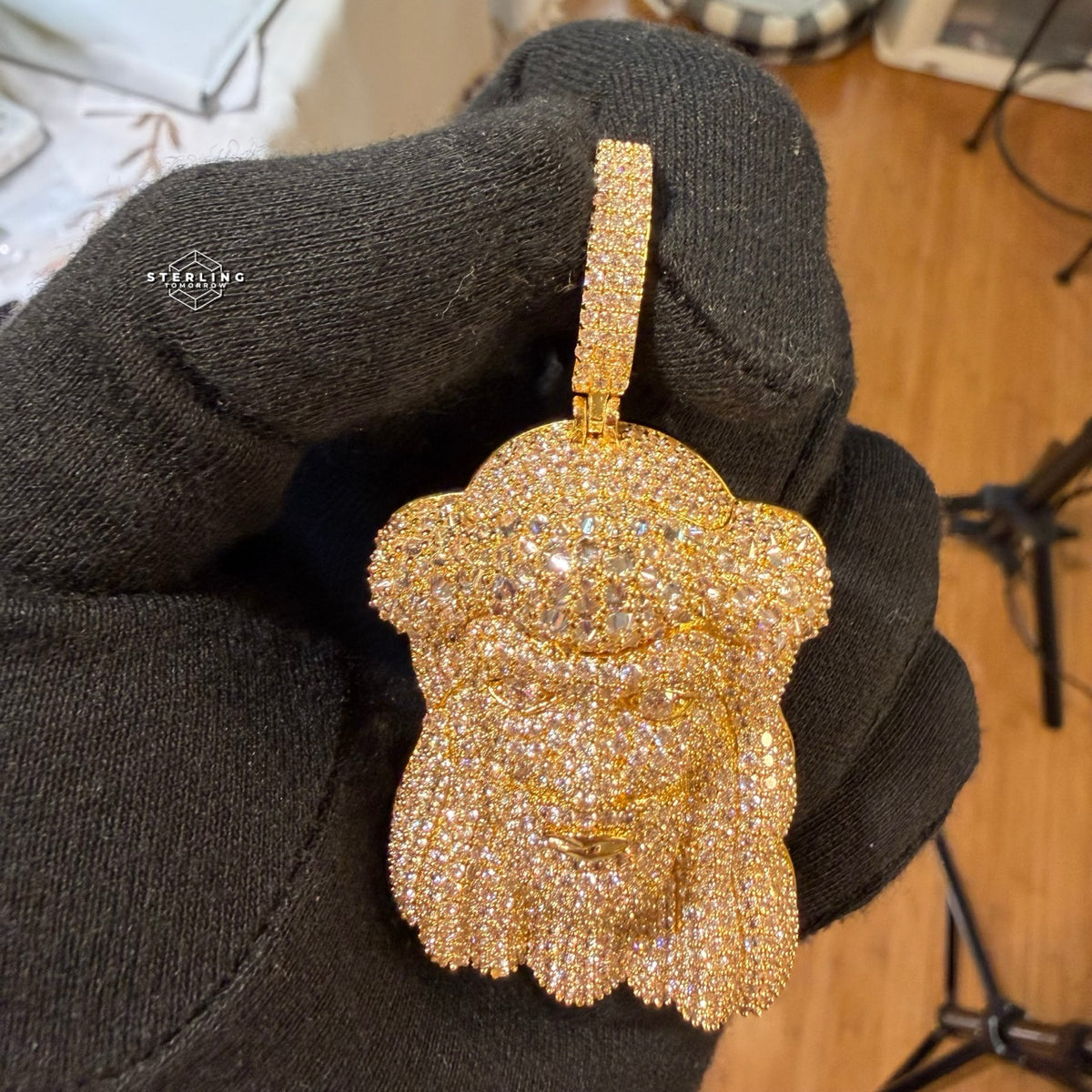 Gold Iced Out Jesus Face Pendant 14k Gold Plated + AntiTarnish Rope Chain