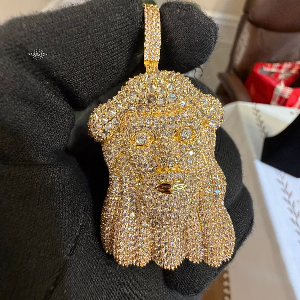 Gold Iced Out Jesus Face Pendant 14k Gold Plated + AntiTarnish Rope Chain