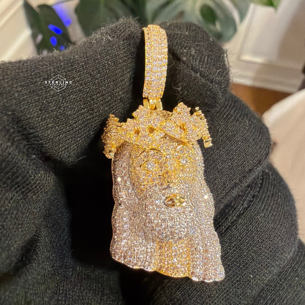 Gold Iced Out Jesus Thorns Pendant 14k Gold Plated + AntiTarnish Rope Chain