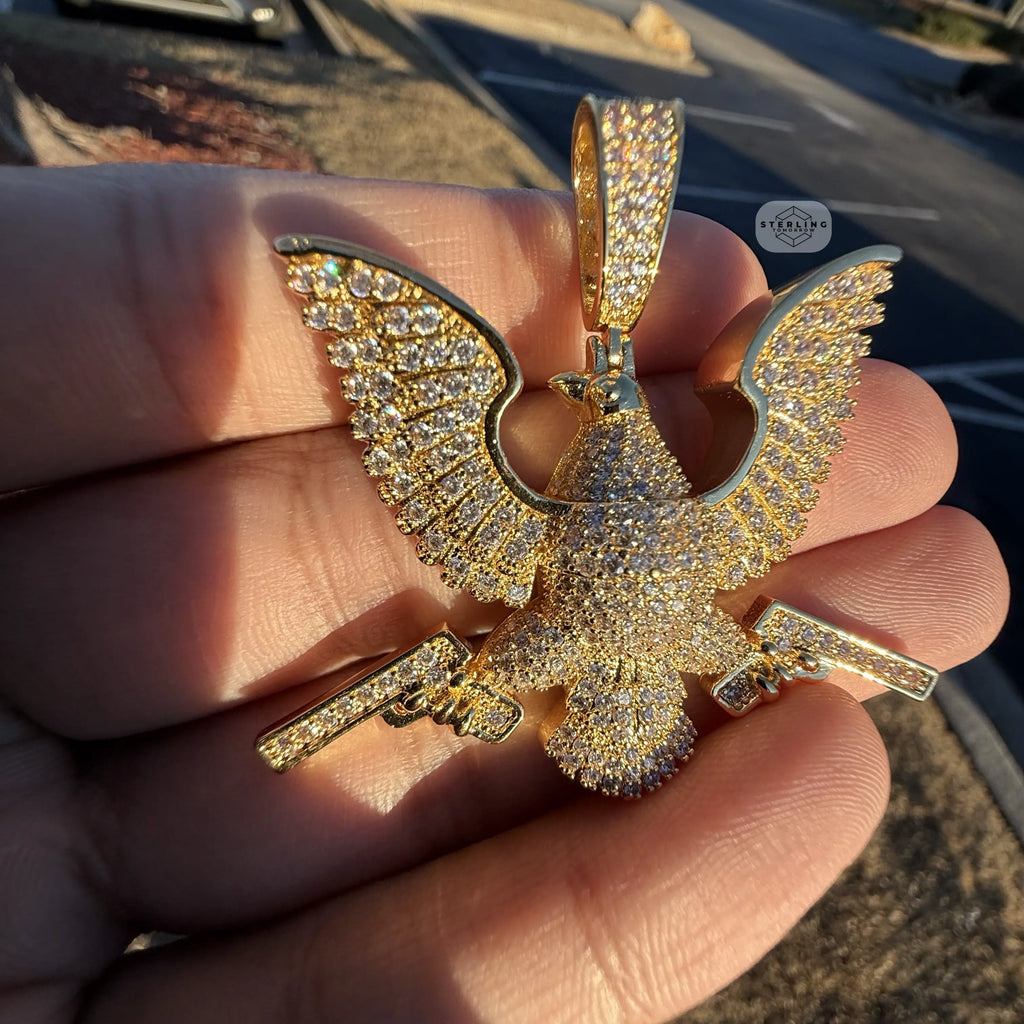 Eagle Guns 14k Gold Plated Iced Pendant