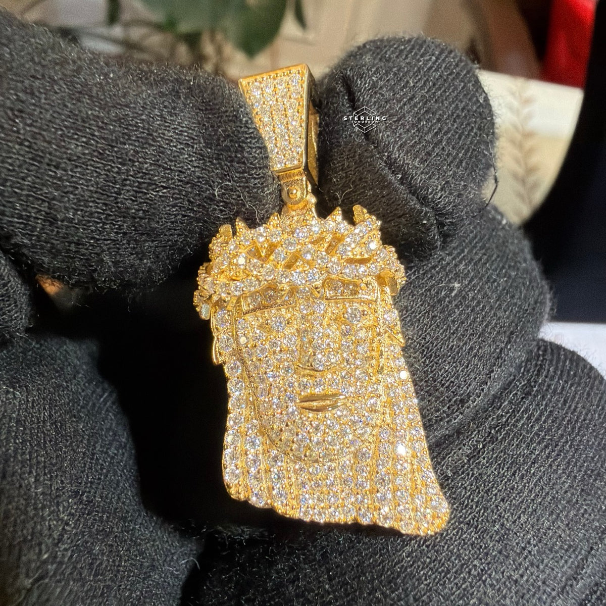 Moissanite Small Jesus Head Gold Tone + Steel Rope Chain