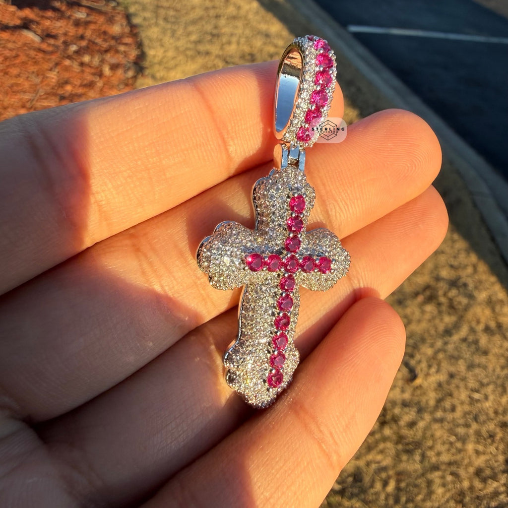 Pink Iced Out Cross Pendant | 14K White Gold Plated Pink CZ Christian Cross Necklace Hip Hop Pendant with Free Rope Chain