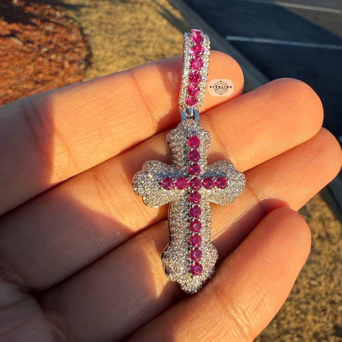 Pink Iced Out Cross Pendant | 14K White Gold Plated Pink CZ Christian Cross Necklace Hip Hop Pendant with Free Rope Chain