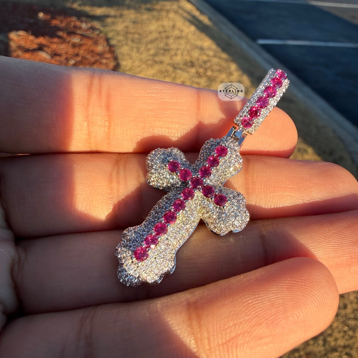 Pink Iced Out Cross Pendant | 14K White Gold Plated Pink CZ Christian Cross Necklace Hip Hop Pendant with Free Rope Chain