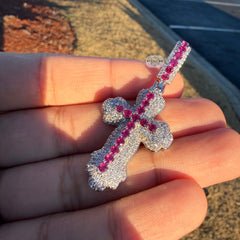 Pink 14K White Gold Plated Iced Cross Pendant