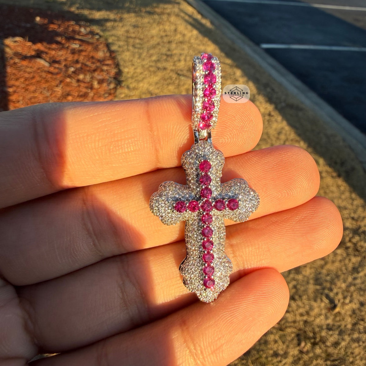 Pink Iced Out Cross Pendant | 14K White Gold Plated Pink CZ Christian Cross Necklace Hip Hop Pendant with Free Rope Chain